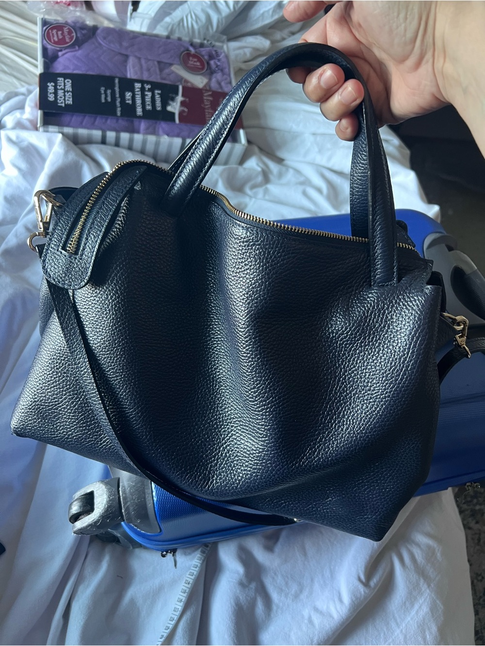 Leather navy blue  Leather Zip-Top hand bag with adjustbale strap made in italy